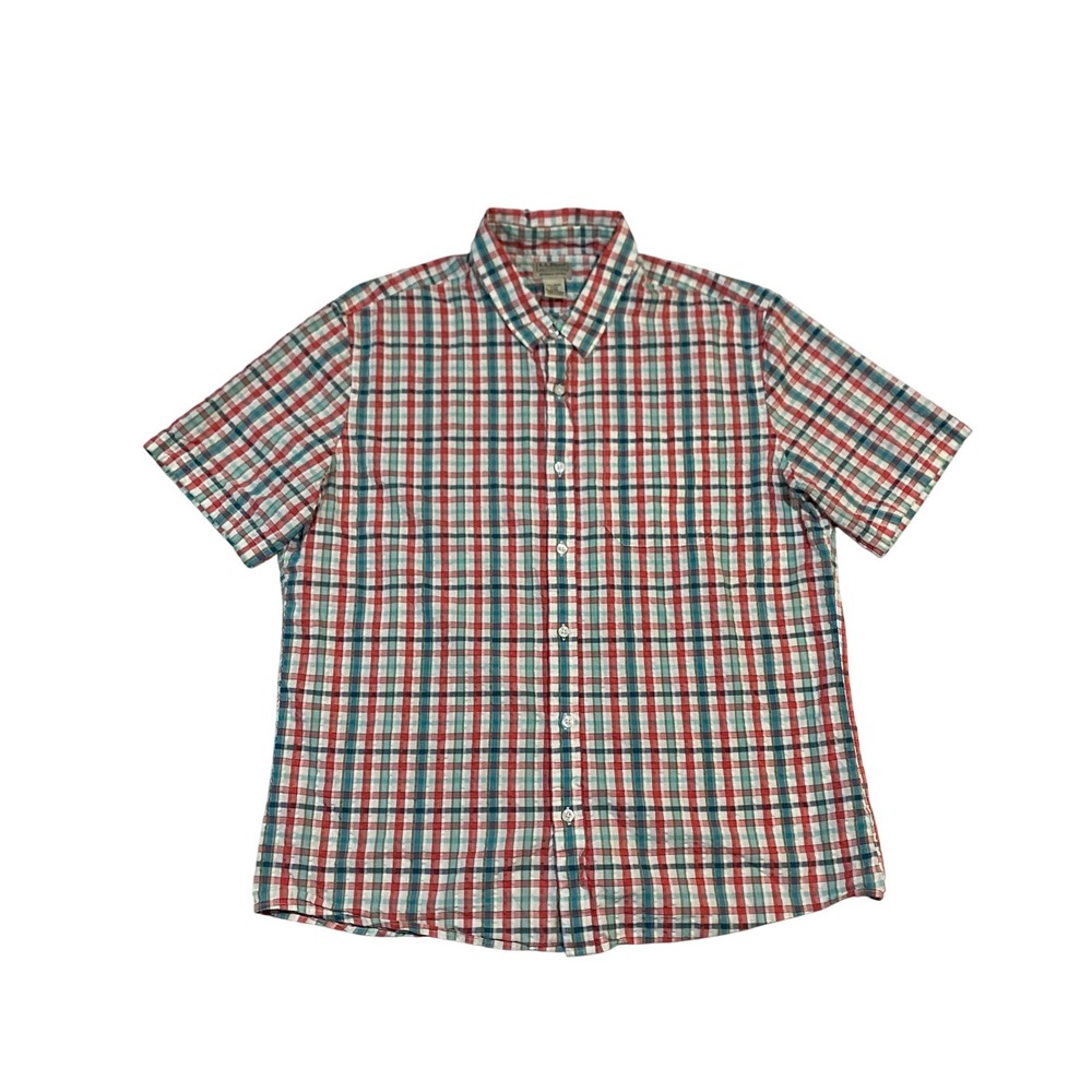 LL Bean Mens Large Slightly Fitted Organic Cotton Plaid Short Sleeve Shirt Red